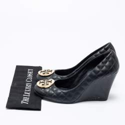 Pre Owned Tory Burch Black Quilted Leather Reva Wedge Pumps Size 41