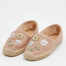 Pre Owned Tory Burch Pink Mesh Crystal Embellished Espadrille Flats Size 39