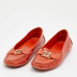 Pre Owned Tory Burch Orange Croc Embossed Leather Driver Loafers Size 39
