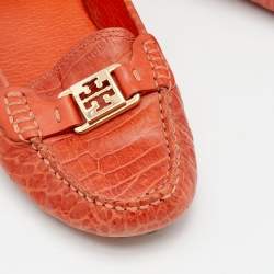 Pre Owned Tory Burch Orange Croc Embossed Leather Driver Loafers Size 39