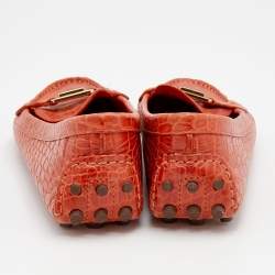 Pre Owned Tory Burch Orange Croc Embossed Leather Driver Loafers Size 39