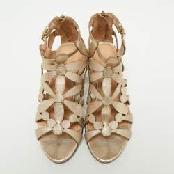 Pre Owned Tory Burch Metallic Gold Leather Laser Cut Sandals Size 36