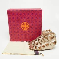 Pre Owned Tory Burch Metallic Gold Leather Laser Cut Sandals Size 36