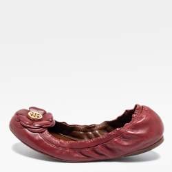 Pre Owned Tory Burch Burgundy Leather Scrunch Ballet Flats Size 36