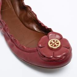 Pre Owned Tory Burch Burgundy Leather Scrunch Ballet Flats Size 36