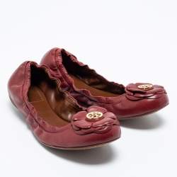 Pre Owned Tory Burch Burgundy Leather Scrunch Ballet Flats Size 36