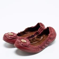Pre Owned Tory Burch Burgundy Leather Scrunch Ballet Flats Size 36