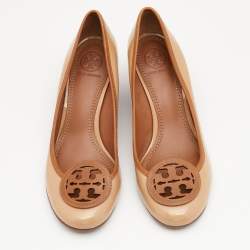 Pre Owned Tory Burch Beige/Brown Patent and Leather Wedge Pumps Size 36.5