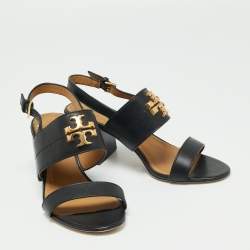 Pre Owned Tory Burch Black Leather Everly Block Heel Slingback Sandals Size 38