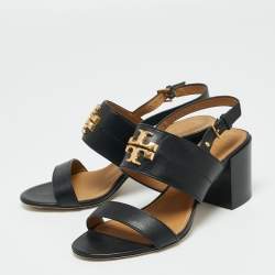 Pre Owned Tory Burch Black Leather Everly Block Heel Slingback Sandals Size 38