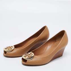 Pre Owned حذاء كعب عالي توري برش جلد مٌحبب بني كعب روكي مقاس 36.5