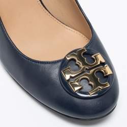 Pre Owned Tory Burch Navy Blue Leather Janey Block Heel Pumps Size 37