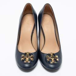 Pre Owned Tory Burch Navy Blue Leather Janey Block Heel Pumps Size 37