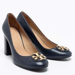 Pre Owned Tory Burch Navy Blue Leather Janey Block Heel Pumps Size 37