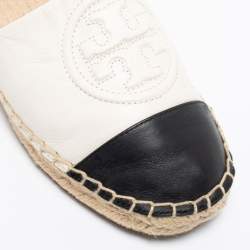 Pre Owned Tory Burch Off-White/Black Logo Embossed Leather Cap Toe Espadrille Flats Size 35.5