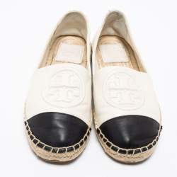 Pre Owned Tory Burch Off-White/Black Logo Embossed Leather Cap Toe Espadrille Flats Size 35.5