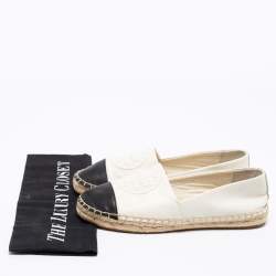 Pre Owned Tory Burch Off-White/Black Logo Embossed Leather Cap Toe Espadrille Flats Size 35.5