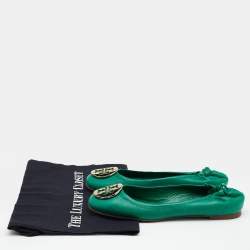 Pre Owned Tory Burch Green Leather Reva Scrunch Ballet Flats Size 38