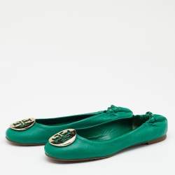 Pre Owned Tory Burch Green Leather Reva Scrunch Ballet Flats Size 38