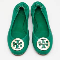 Pre Owned Tory Burch Green Leather Reva Scrunch Ballet Flats Size 38