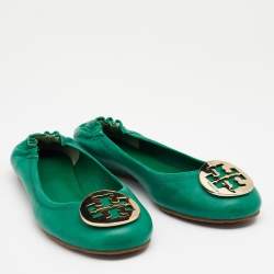 Pre Owned Tory Burch Green Leather Reva Scrunch Ballet Flats Size 38