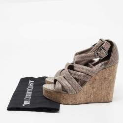 Pre Owned Tory Burch Taupe Python Embossed Leather Strappy Cork Wedge Sandals Size 36.5