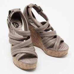 Pre Owned Tory Burch Taupe Python Embossed Leather Strappy Cork Wedge Sandals Size 36.5