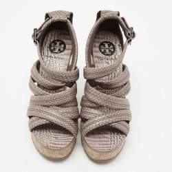 Pre Owned Tory Burch Taupe Python Embossed Leather Strappy Cork Wedge Sandals Size 36.5