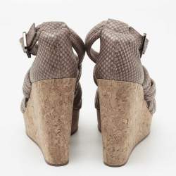 Pre Owned Tory Burch Taupe Python Embossed Leather Strappy Cork Wedge Sandals Size 36.5