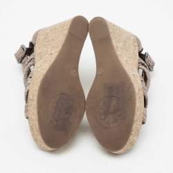 Pre Owned Tory Burch Taupe Python Embossed Leather Strappy Cork Wedge Sandals Size 36.5
