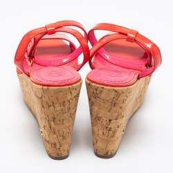 Pre Owned Tory Burch Pink Patent Leather Dahlia Cork Platform Wedge Sandals Size 37