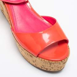 Pre Owned Tory Burch Pink Patent Leather Dahlia Cork Platform Wedge Sandals Size 37