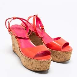 Pre Owned Tory Burch Pink Patent Leather Dahlia Cork Platform Wedge Sandals Size 37