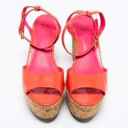 Pre Owned Tory Burch Pink Patent Leather Dahlia Cork Platform Wedge Sandals Size 37
