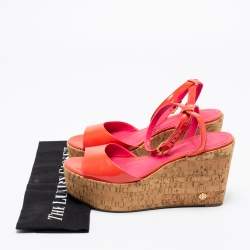 Pre Owned Tory Burch Pink Patent Leather Dahlia Cork Platform Wedge Sandals Size 37