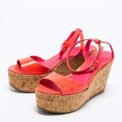 Pre Owned Tory Burch Pink Patent Leather Dahlia Cork Platform Wedge Sandals Size 37