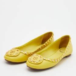 Pre Owned Tory Burch Yellow Leather Studded Ballet Flats Size 37.5