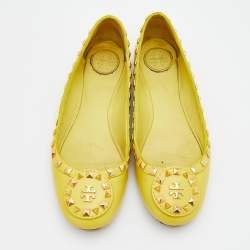 Pre Owned Tory Burch Yellow Leather Studded Ballet Flats Size 37.5