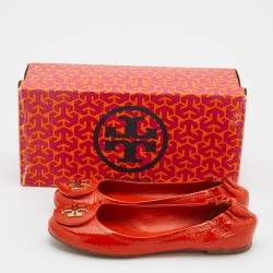 Pre Owned Tory Burch Orange Patent Leather Minnie Scrunch Ballet Flats Size 37.5