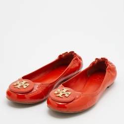 Pre Owned Tory Burch Orange Patent Leather Minnie Scrunch Ballet Flats Size 37.5
