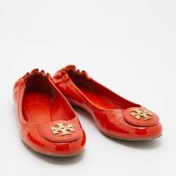 Pre Owned Tory Burch Orange Patent Leather Minnie Scrunch Ballet Flats Size 37.5