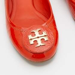 Pre Owned Tory Burch Orange Patent Leather Minnie Scrunch Ballet Flats Size 37.5