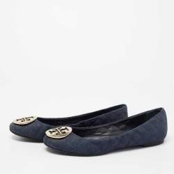 Pre Owned Tory Burch Navy Blue Denim Quinn Ballet Flats Size 39.5