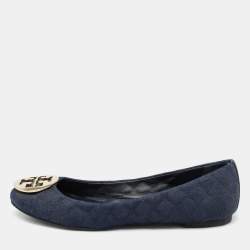 Pre Owned Tory Burch Navy Blue Denim Quinn Ballet Flats Size 39.5