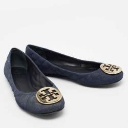 Pre Owned Tory Burch Navy Blue Denim Quinn Ballet Flats Size 39.5