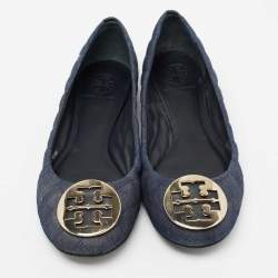 Pre Owned Tory Burch Navy Blue Denim Quinn Ballet Flats Size 39.5