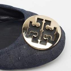 Pre Owned Tory Burch Navy Blue Denim Quinn Ballet Flats Size 39.5