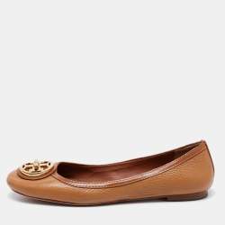 Pre Owned Tory Burch Brown Leather Round Toe Ballet Flats Size 38