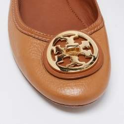 Pre Owned Tory Burch Brown Leather Round Toe Ballet Flats Size 38