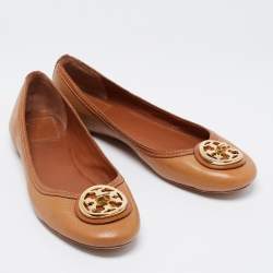 Pre Owned Tory Burch Brown Leather Round Toe Ballet Flats Size 38
